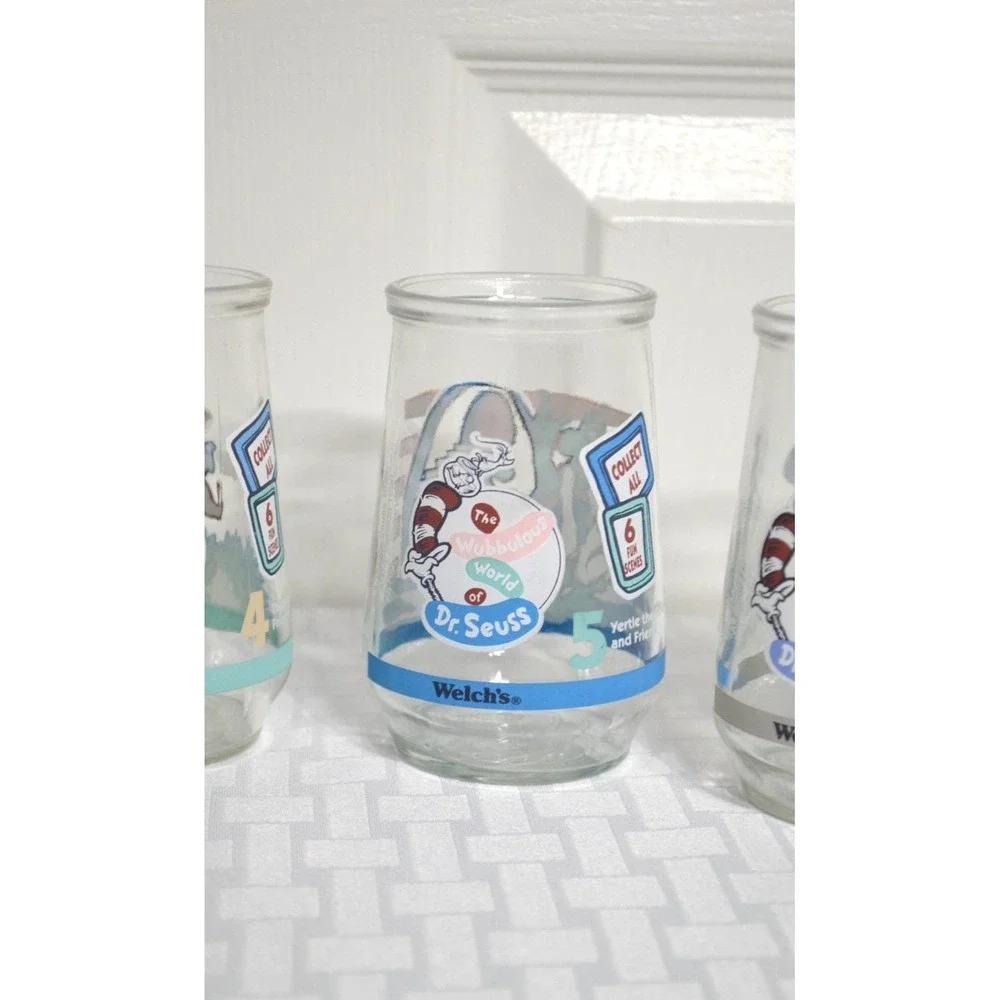 Vintage 1996 Welch Cat in The Hat Glass Jelly Jars, Complete Set of 6 Jars